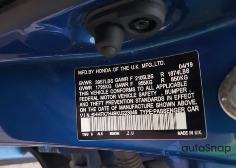 2019 Honda Civic Sport z USA, uszkodzony, nr VIN SHHFK7H49KU223046